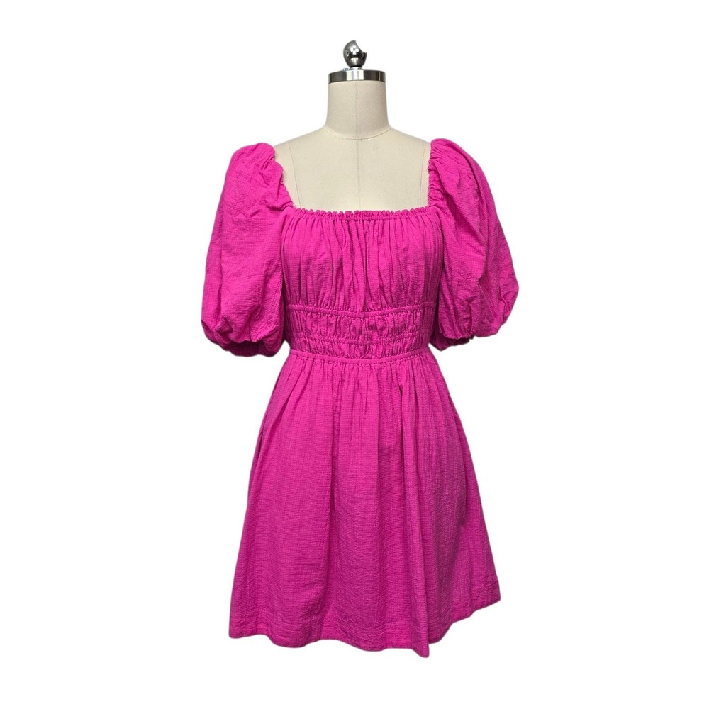Maeve Anthropologie Magenta Pink Puff Sleeve Smocked Mini Dress OB1278193 XS